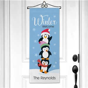Personalized Winter Welcome With Penguins Wall Hanging