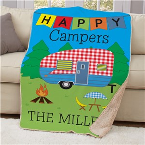 Personalized Plaid Happy Camper Sherpa Blanket