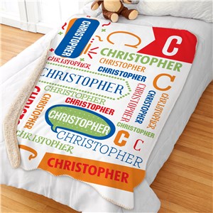 Personalized Boy Word Bubble with Name and Initial Sherpa Blanket