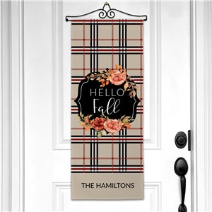 Personalized Hello Fall with Tan, Burgundy and Black Plaid Wall Hanging
