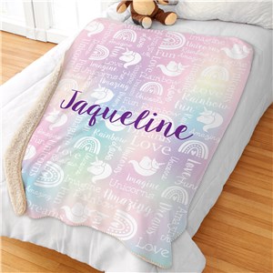 Personalized Watercolor Unicorn and Rainbow Sherpa Blanket