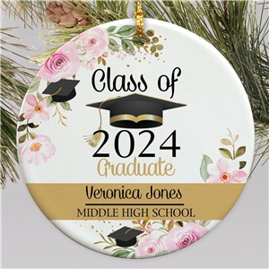 Personalized Pink Floral Grad Round Ornament