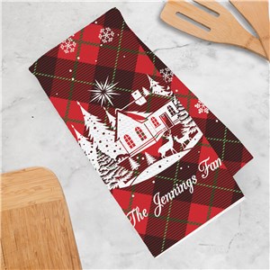 Personalized Red plaid with White Cabin Silhouette Waffle Weave Towel
