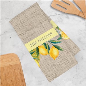 Personalized Watercolor Lemons with Family Name Waffle Weave Towel