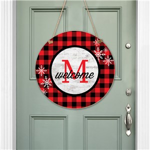 Personalized Buffalo Plaid with Snowflakes and Initial Hanging Sign