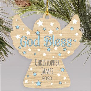 Personalized God Bless with Stars Wood Ornament